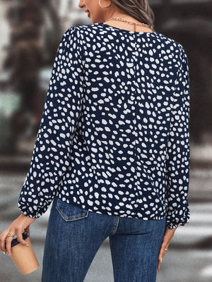 Printed Tie Neck Long Sleeve Blouse-Teresa's Fashionista LLC