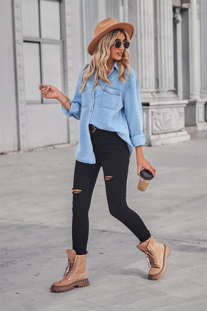 Collared Neck Dropped Shoulder Denim Top-Teresa's Fashionista LLC