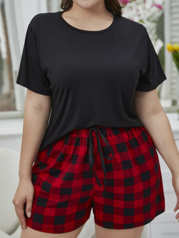 Plus Size Round Neck Tee Shirt and Plaid Shorts Lounge Set-Teresa's Fashionista LLC