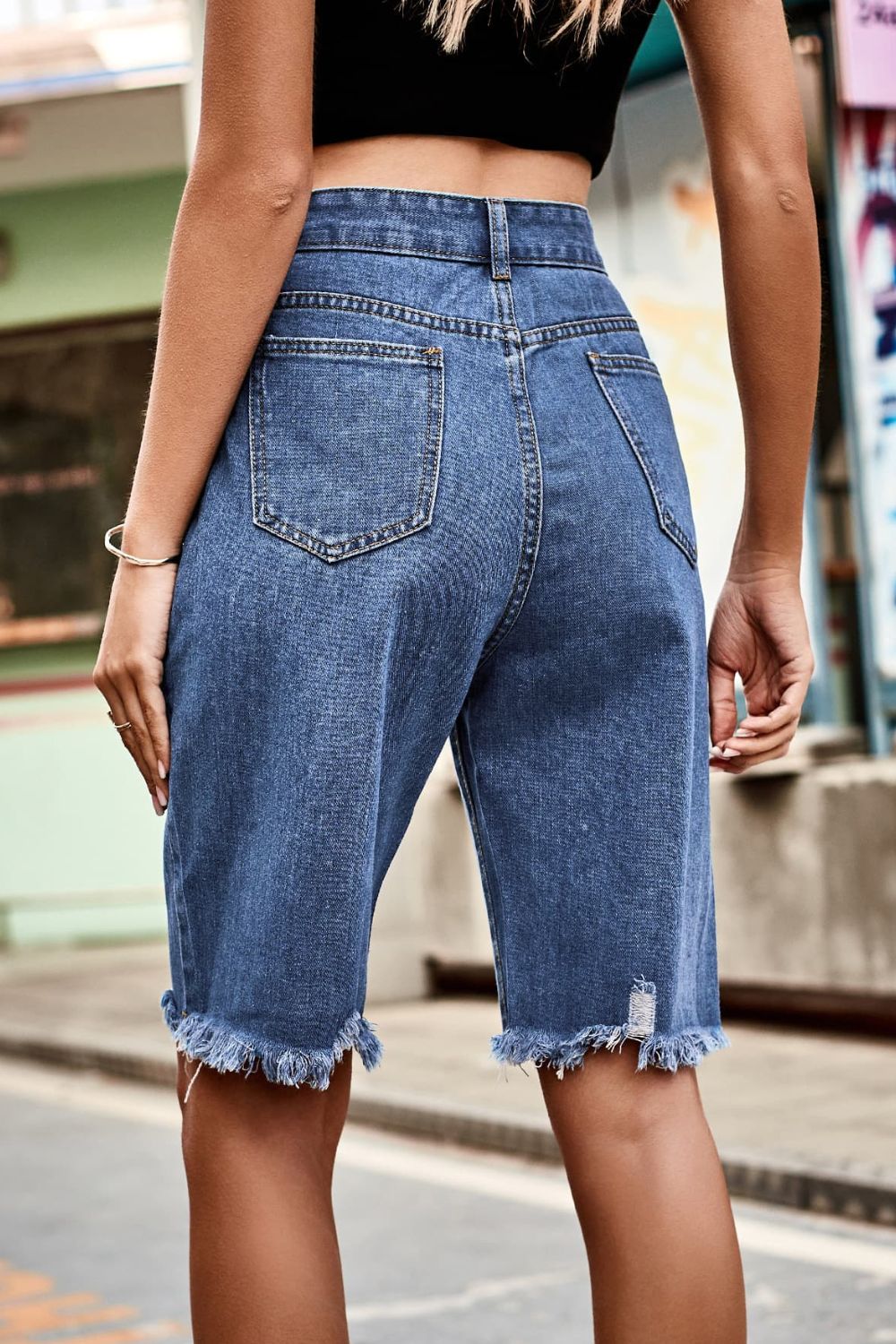 Raw Hem High Waist Denim Shorts with Pockets-Teresa's Fashionista LLC