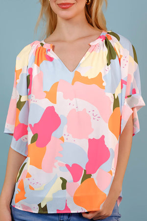 Printed Notched Neck Half Sleeve Blouse-Teresa's Fashionista LLC