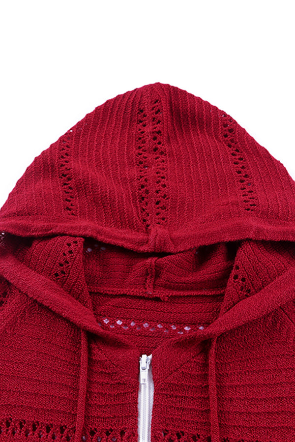 Zip-Up Raglan Sleeve Openwork Hooded Cardigan-Teresa's Fashionista LLC