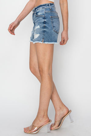RISEN Stepped Waist Frayed Denim Shorts-Teresa's Fashionista LLC
