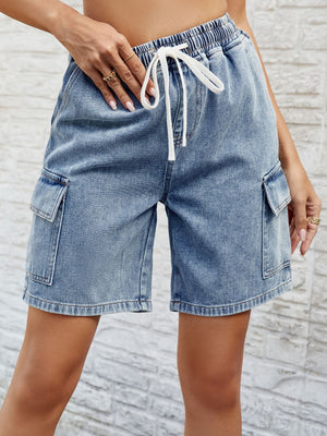 Drawstring Denim Shorts with Pockets-Teresa's Fashionista LLC