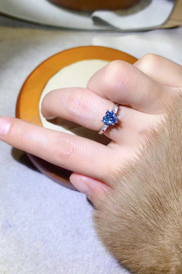 1 Carat Moissanite Heart-Shaped Platinum-Plated Ring in Blue-Teresa's Fashionista LLC