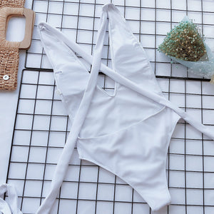 Halter Neck Deep V Tied One-Piece Swimsuit-Teresa's Fashionista LLC
