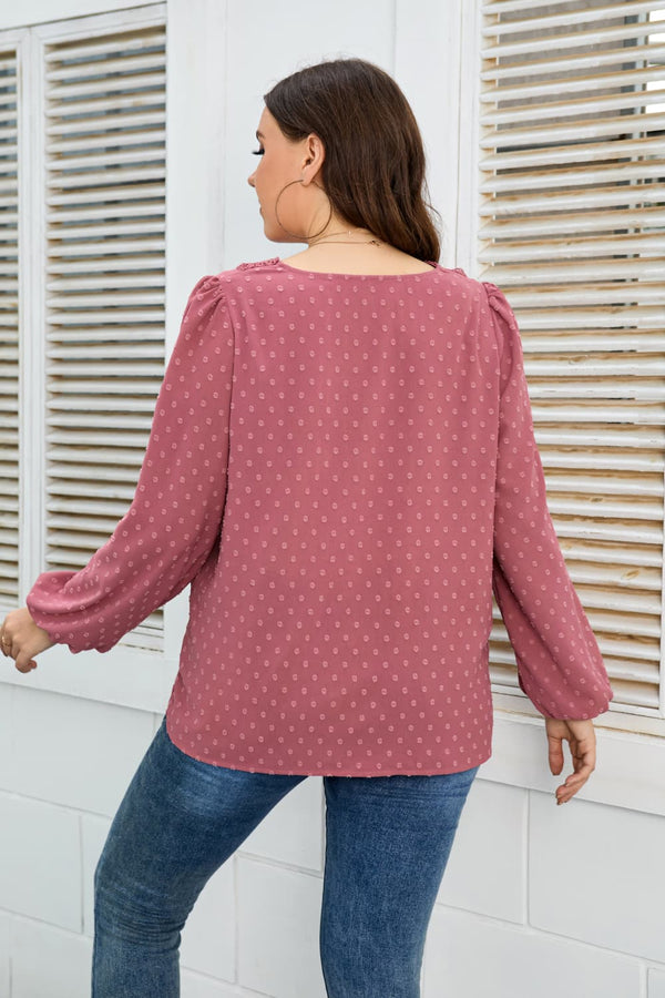 Plus Size Lace Trim V-Neck Balloon Sleeve Blouse-Teresa's Fashionista LLC