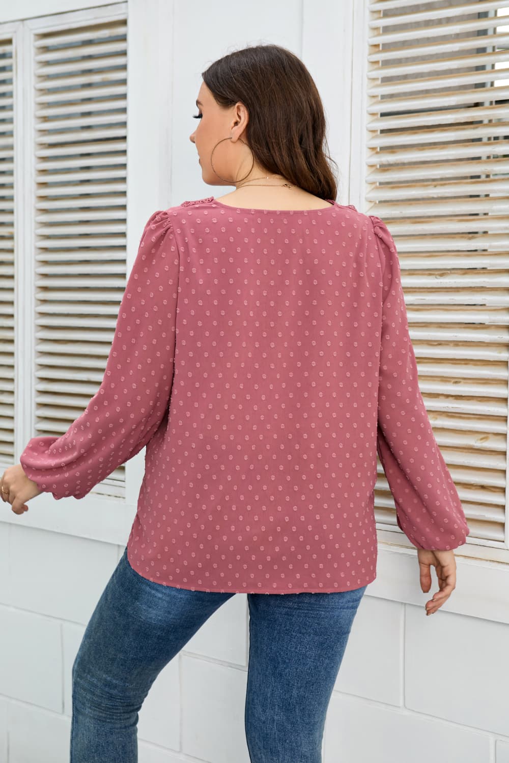 Plus Size Lace Trim V-Neck Balloon Sleeve Blouse-Teresa&#39;s Fashionista LLC