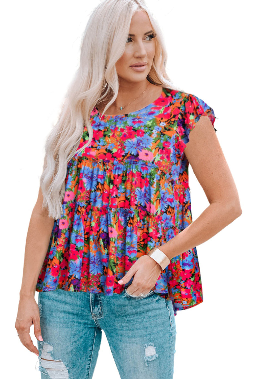 Floral Round Neck Frill Trim Blouse-Teresa&#39;s Fashionista LLC
