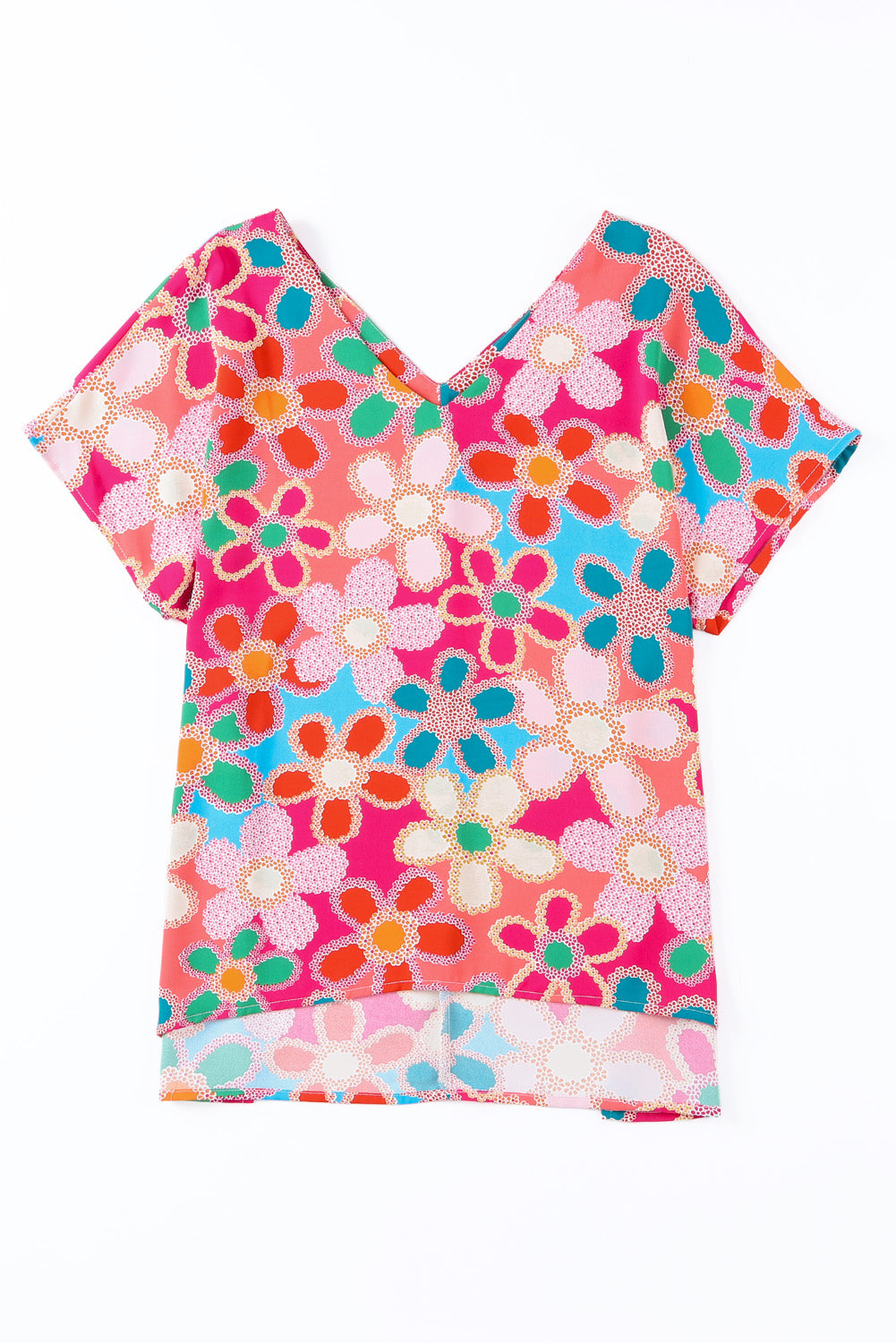 High-Low V-Neck Short Sleeve Blouse-Teresa&#39;s Fashionista LLC