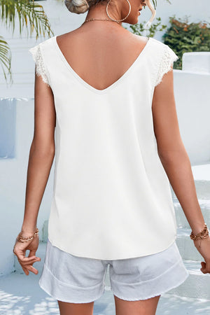 Lace Detail Eyelash Trim V-Neck Tank-Teresa's Fashionista LLC