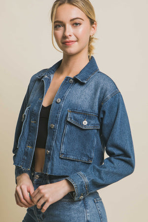 LOVE TREE Raw Hem Button Up Cropped Denim Jacket-Teresa's Fashionista LLC