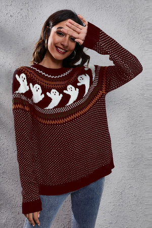 Ghost Pattern Round Neck Long Sleeve Sweater-Teresa's Fashionista LLC