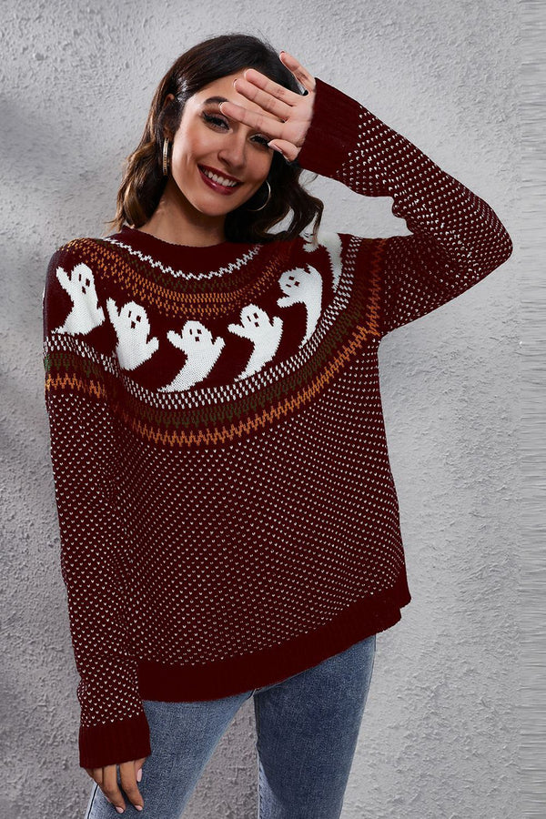 Ghost Pattern Round Neck Long Sleeve Sweater-Teresa's Fashionista LLC