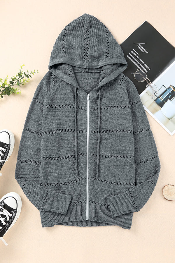 Zip-Up Raglan Sleeve Openwork Hooded Cardigan-Teresa's Fashionista LLC