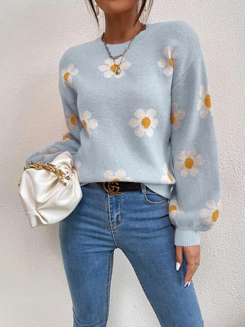 Flower Round Neck Latern Sleeve Sweater-Teresa&#39;s Fashionista LLC