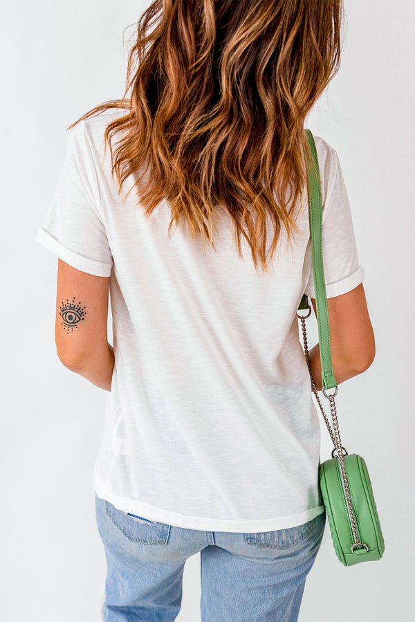 USA graphic round neck tee, casual short sleeves, white, green purse, back view.
