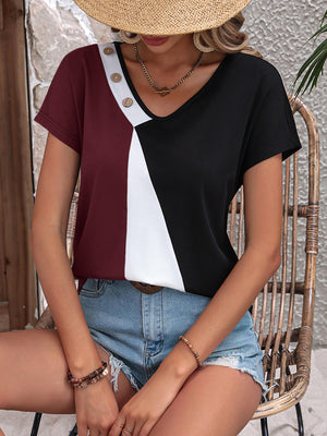Color Block Decorative Button V-Neck Tee-Teresa's Fashionista LLC