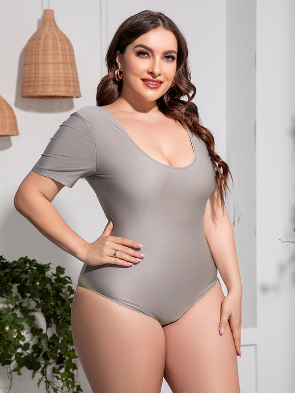 Plus Size Scoop Neck Short Sleeve One-Piece Swimsuit-Teresa's Fashionista LLC