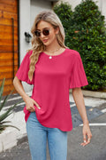 Pleated Flutter Sleeve Round Neck Blouse-Teresa's Fashionista LLC