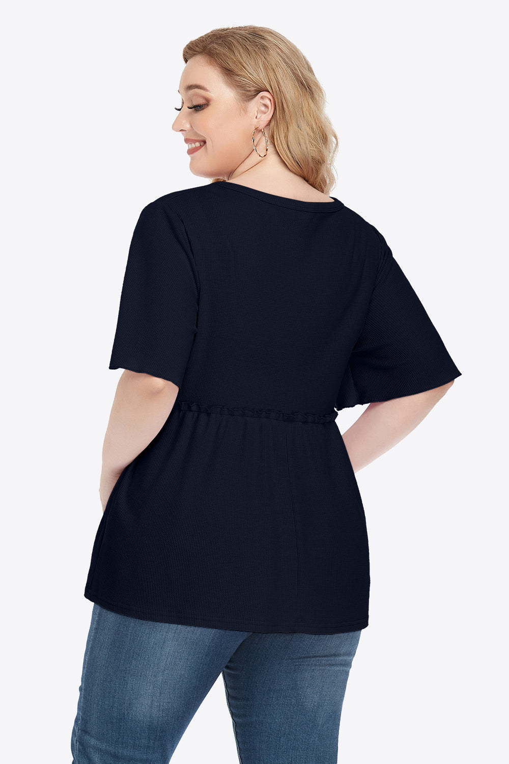 Plus Size Buttoned V-Neck Frill Trim Babydoll Blouse-Teresa&#39;s Fashionista LLC