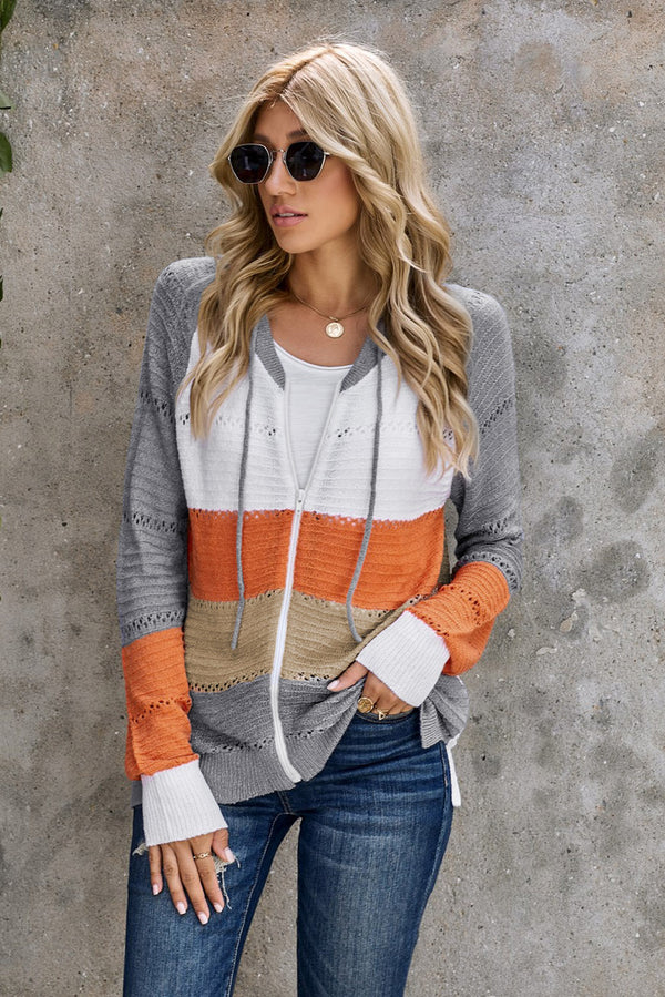 Zip-Up Raglan Sleeve Openwork Hooded Cardigan-Teresa's Fashionista LLC