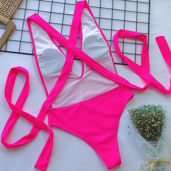 Halter Neck Deep V Tied One-Piece Swimsuit-Teresa's Fashionista LLC