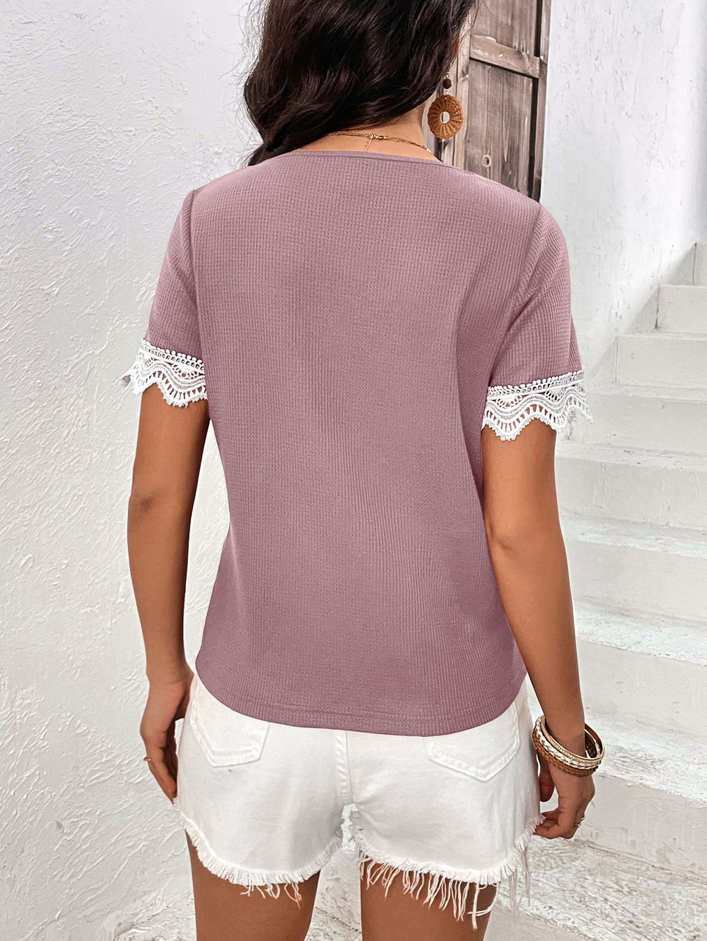 Decorative Button Spliced Lace Short Sleeve Top-Teresa's Fashionista LLC