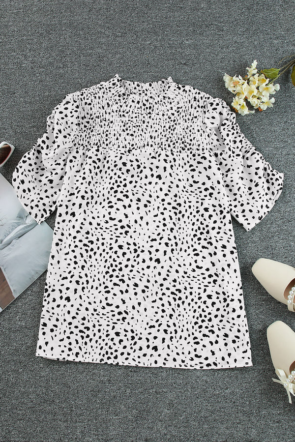 Printed Smocked Mock Neck Blouse-Teresa's Fashionista LLC