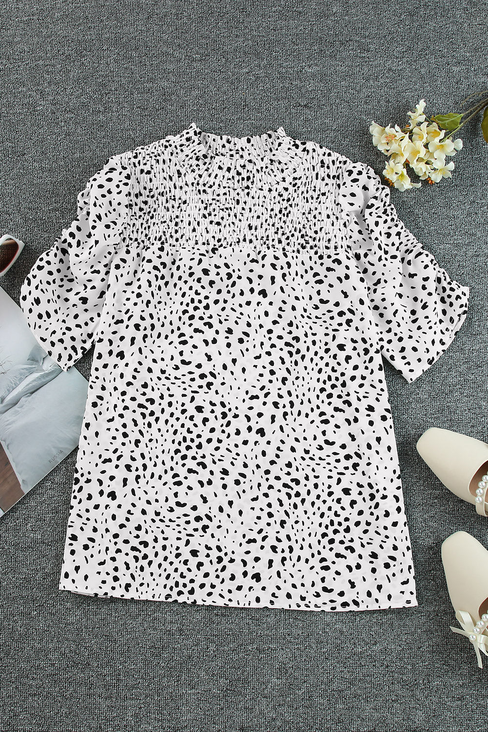 Printed Smocked Mock Neck Blouse-Teresa&#39;s Fashionista LLC