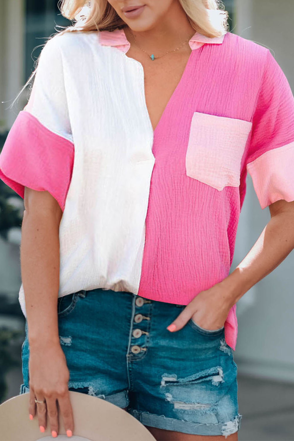 Color Block Textured Johnny Collar Blouse-Teresa's Fashionista LLC