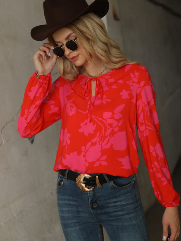 Printed Tie Neck Long Sleeve Blouse-Teresa's Fashionista LLC