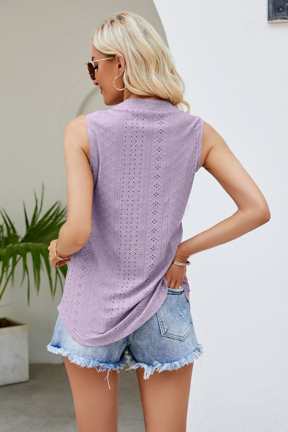 Notched Neck Curved Hem Eyelet Tank-Teresa's Fashionista LLC