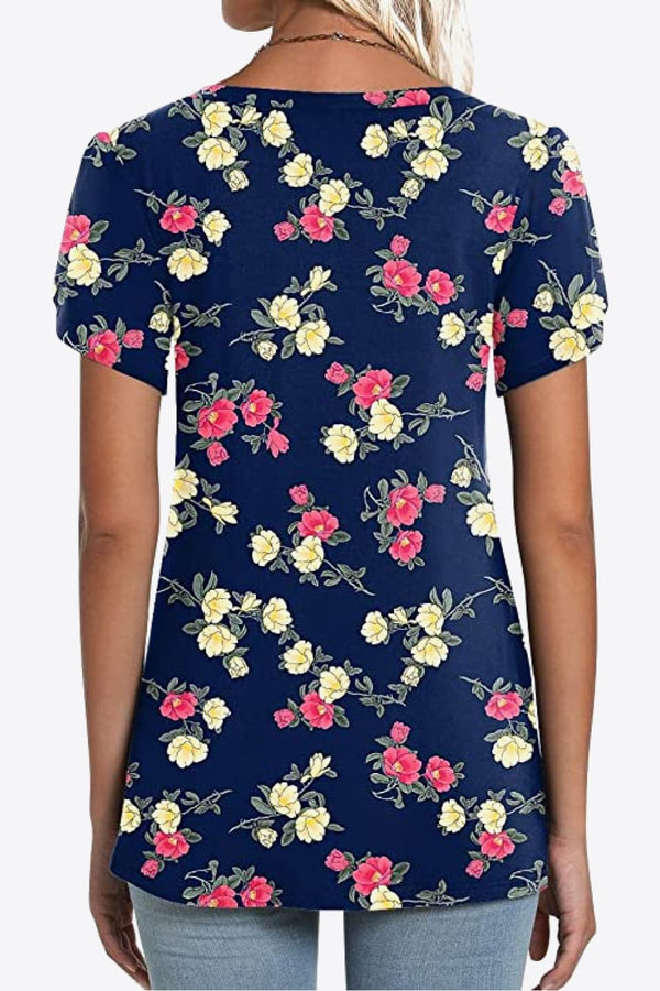 Printed Petal Sleeve V-Neck Blouse-Teresa's Fashionista LLC