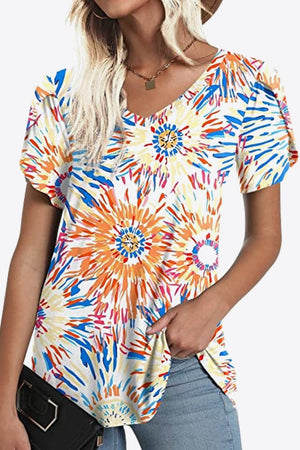 Printed Petal Sleeve V-Neck Blouse-Teresa's Fashionista LLC