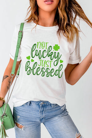 NOT LUCKY JUST BLESSED round neck T-shirt, white, slightly stretchy, polyester and elastane blend.
