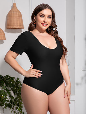 Plus Size Scoop Neck Short Sleeve One-Piece Swimsuit-Teresa's Fashionista LLC