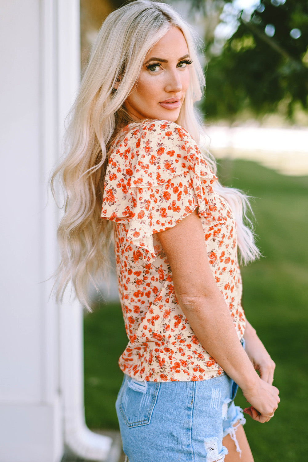 Floral Round Neck Flutter Sleeve Blouse-Teresa&#39;s Fashionista LLC