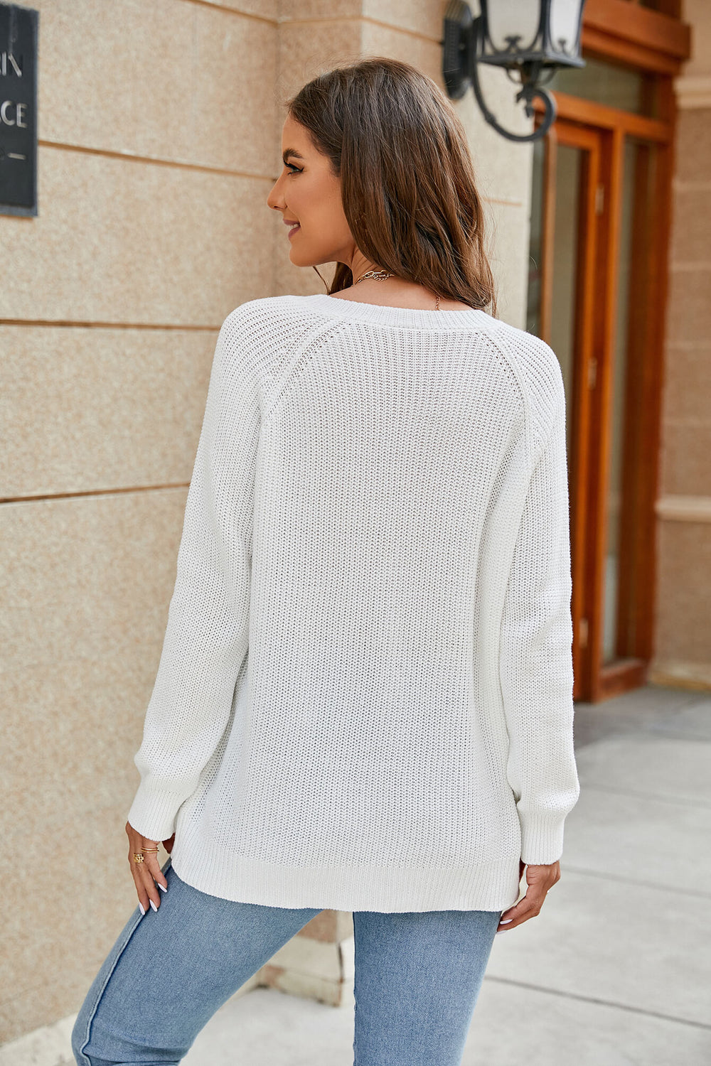 Raglan Sleeve Ribbed Trim Plunge Knit Top-Teresa's Fashionista LLC