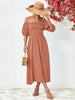 Off-shoulder balloon sleeve midi dress with puff half sleeves, chic style.
