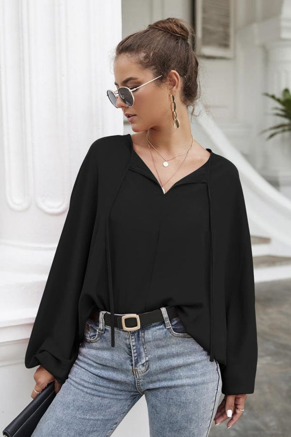 Tie Neck Balloon Sleeve Blouse-Teresa's Fashionista LLC
