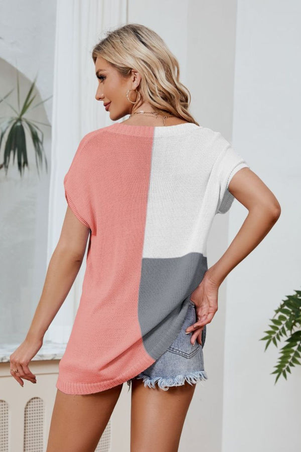 Color Block V-Neck Knit Top-Teresa's Fashionista LLC