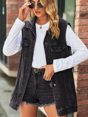 Collared Neck Sleeveless Denim Top with Pockets-Teresa's Fashionista LLC