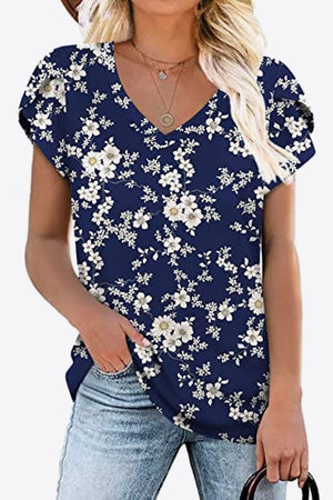 Printed Petal Sleeve V-Neck Blouse-Teresa's Fashionista LLC