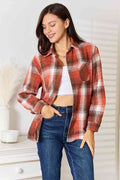 Double Take Plaid Collared Neck Long Sleeve Shirt-Teresa's Fashionista LLC