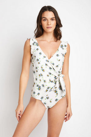 Marina West Swim Float On Ruffle Faux Wrap One-Piece in Daisy Cream-Teresa's Fashionista LLC