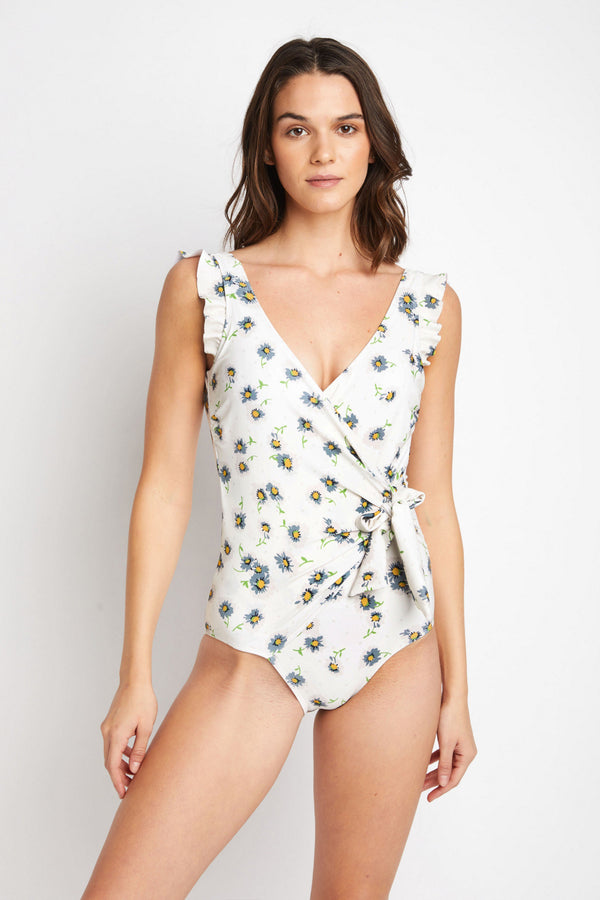Marina West Swim Float On Ruffle Faux Wrap One-Piece in Daisy Cream-Teresa's Fashionista LLC