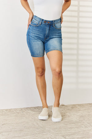 Judy Blue Full Size Tummy Control Double Button Bermuda Denim Shorts-Teresa's Fashionista LLC