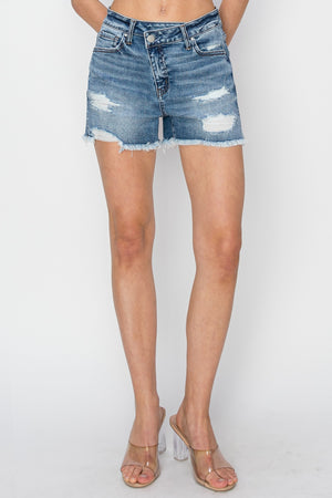 RISEN Stepped Waist Frayed Denim Shorts-Teresa's Fashionista LLC