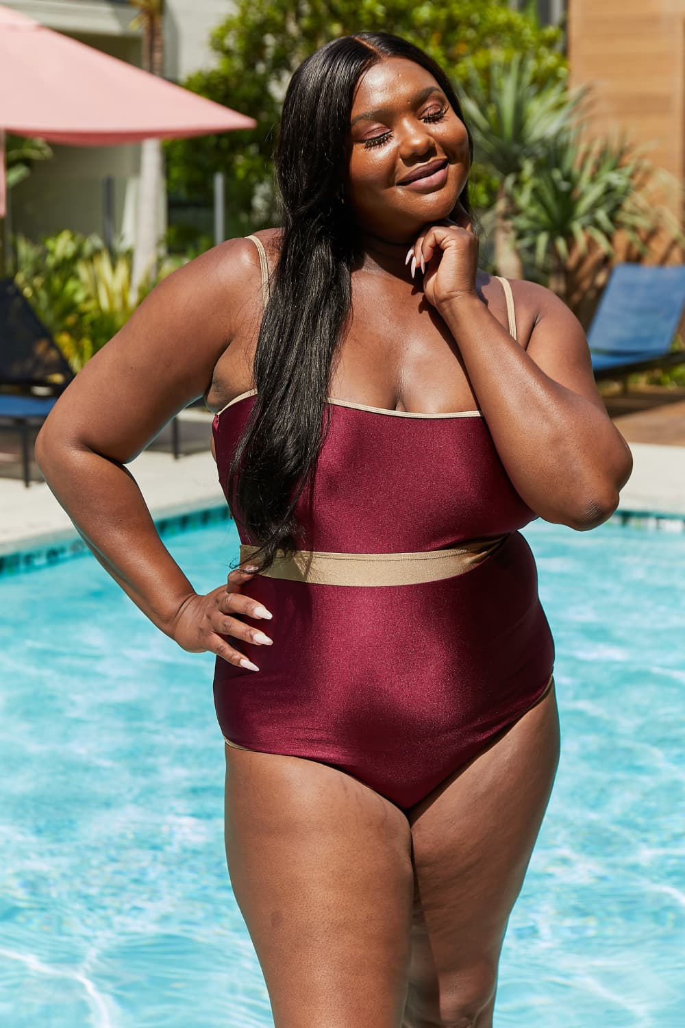 Marina West Swim Wave Break Contrast Trim One-Piece in Wine-Teresa's Fashionista LLC